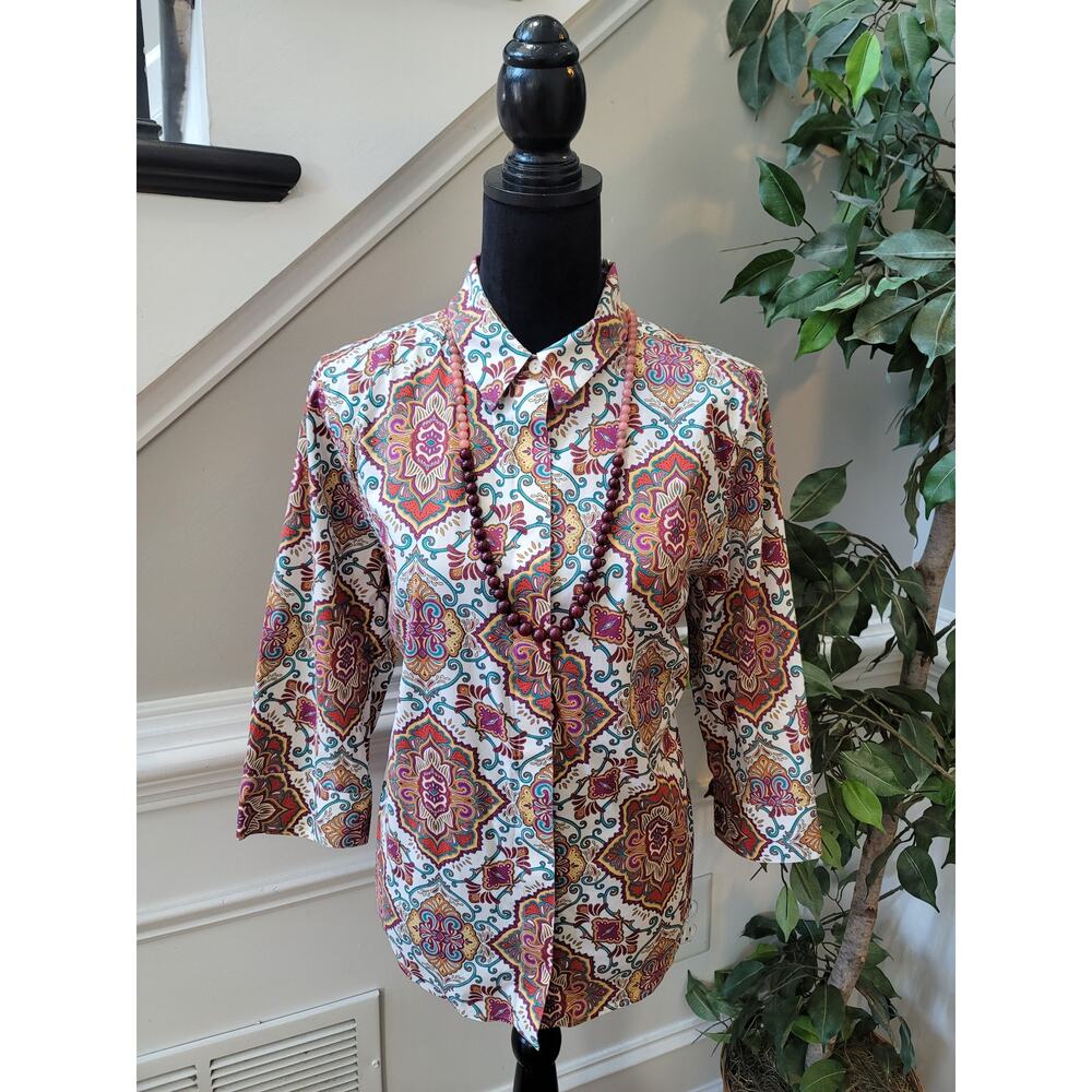 Chico's Shirt Blouse Women's Size L Multicolour Paisley Button Front 3/4 Sleeve